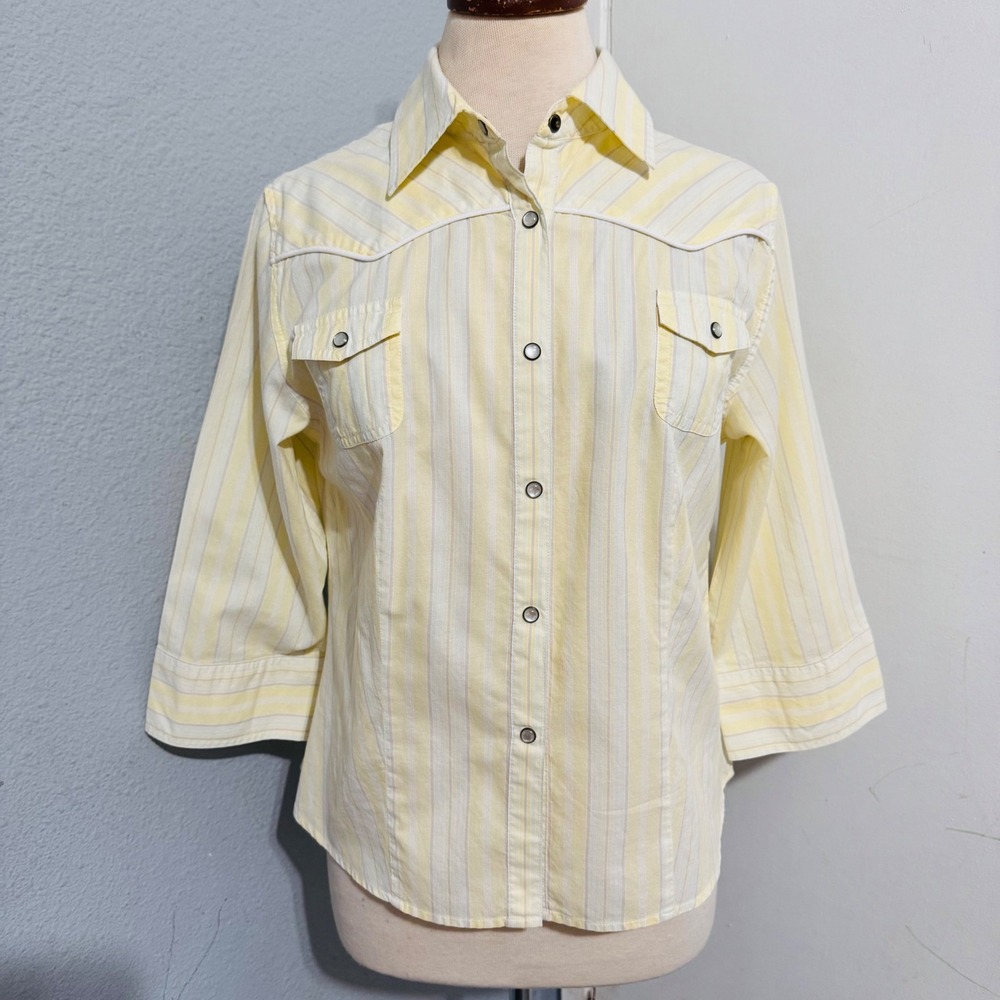 Cotton Westbound Womens Yellow Striped Western Snap Front Shirt 3/4 Sleeve Sz 14